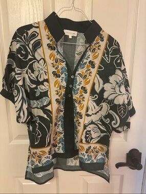 entro Floral Print Short Sleeve Blouse in Green, White, Mustard & Teal